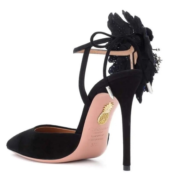 ‼️Price Firm‼️ AQUAZZURA DISCO FLOWER 105 SUEDE PUMPS IN BLACK BLUE SIZE 41 - Picture 4 of 13